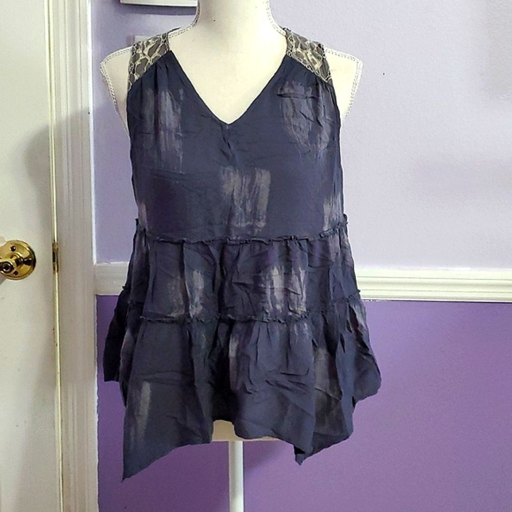 Knox Rose Boho Romantic Blue Gray Laced Flowy Tiered Babydoll Top S